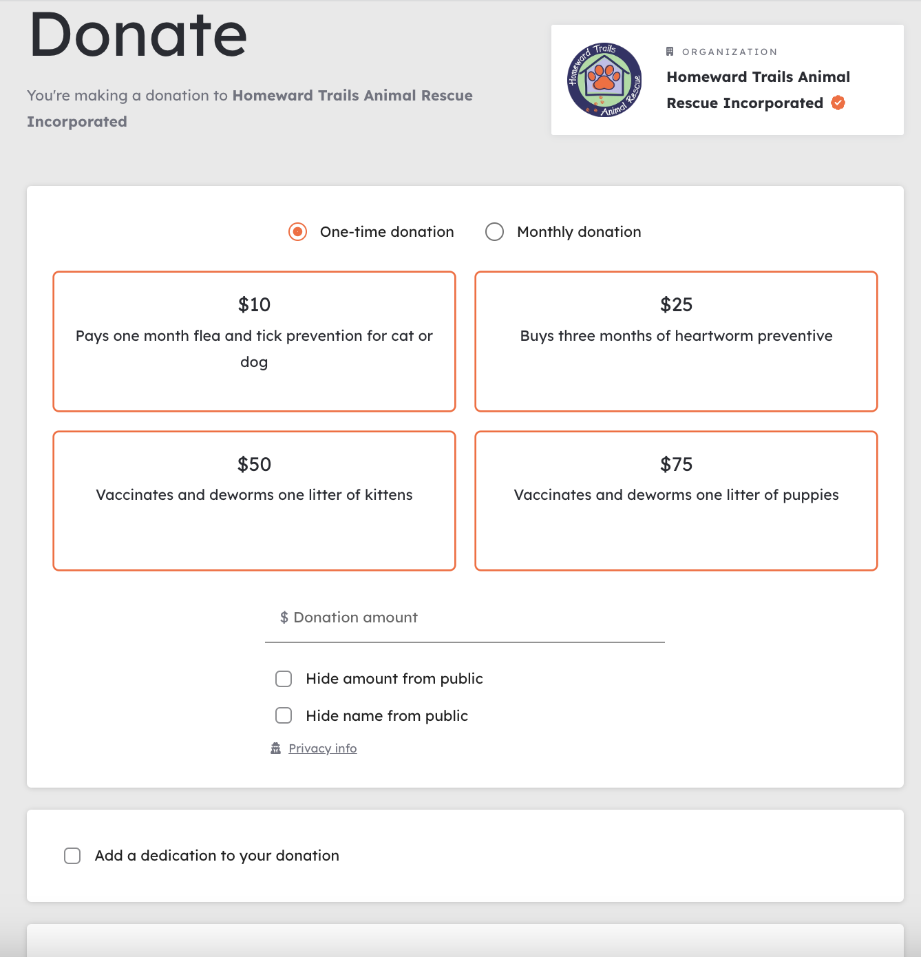 One-time Donation of $5 or More