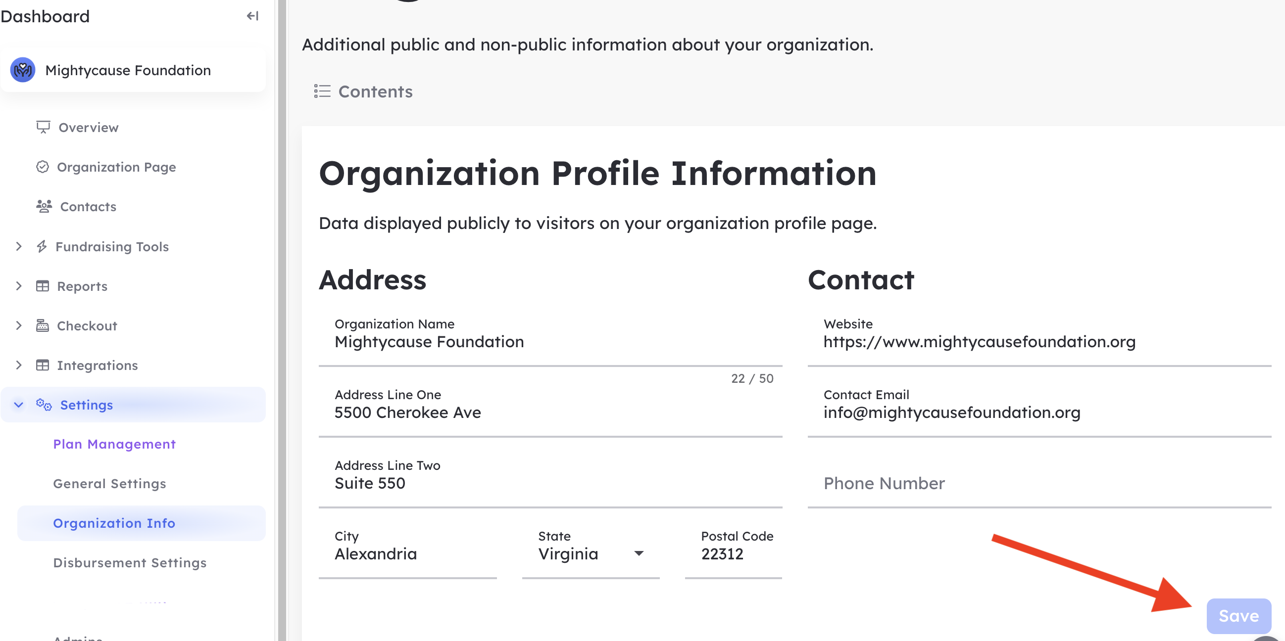 Screen Capture of an Organization Dashboard with a red arrow pointing at the save button 