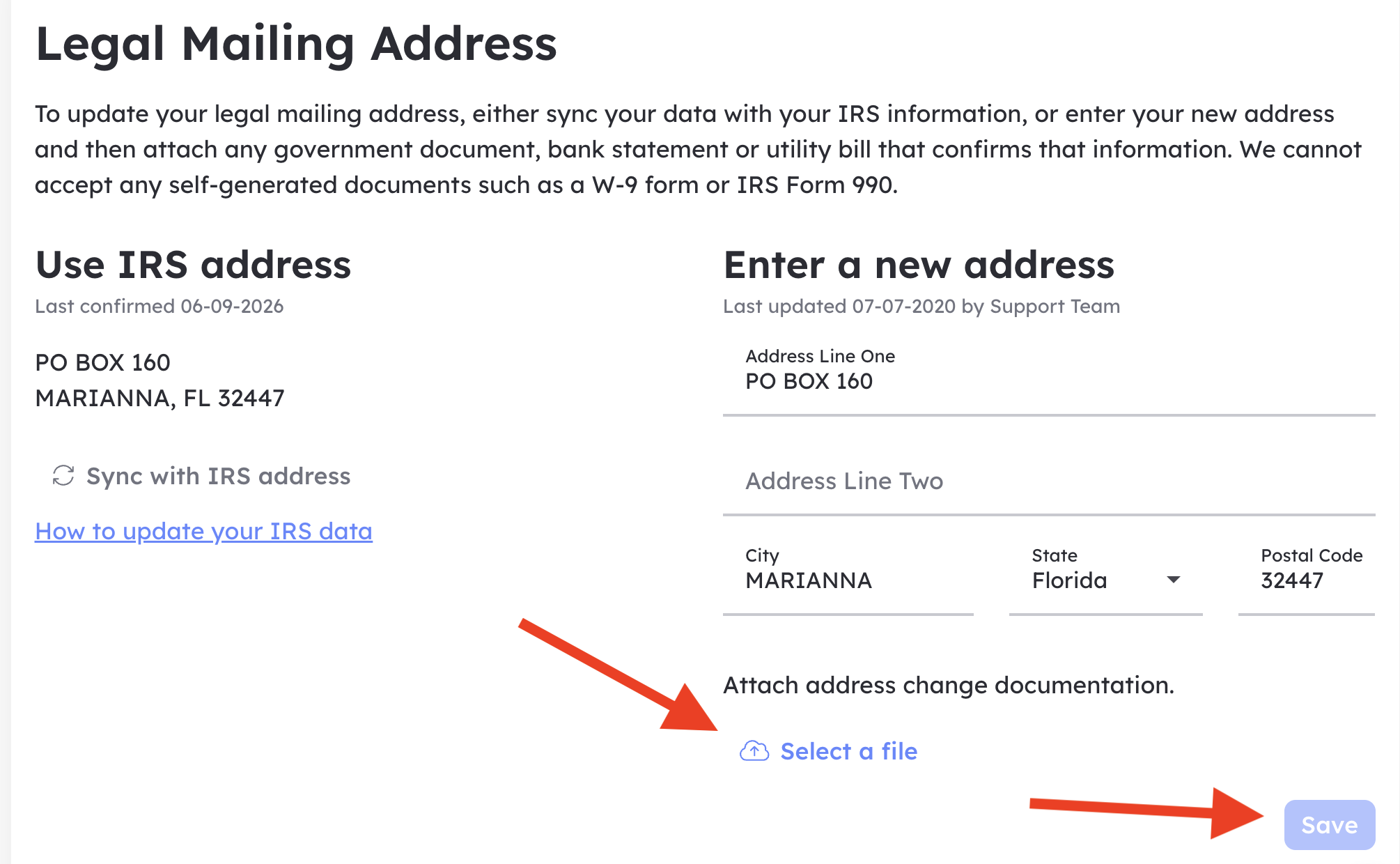 Screen capture of the Legal Mailing Address section with red arrows pointing to the file upload and save buttons.