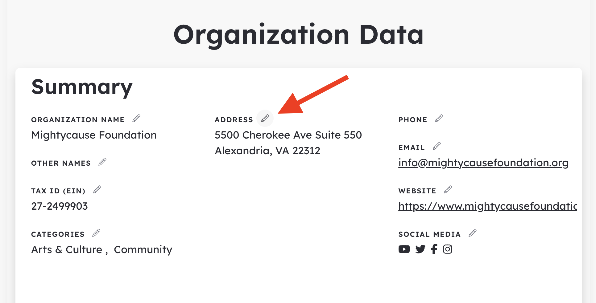 Screen capture of the organization data section with a red arrow pointing at the "address" pencil icon.