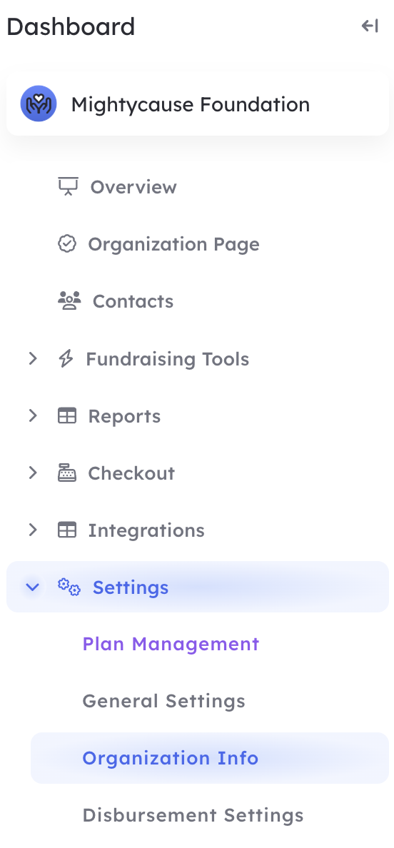 Screen Capture of the organization page dashboard.